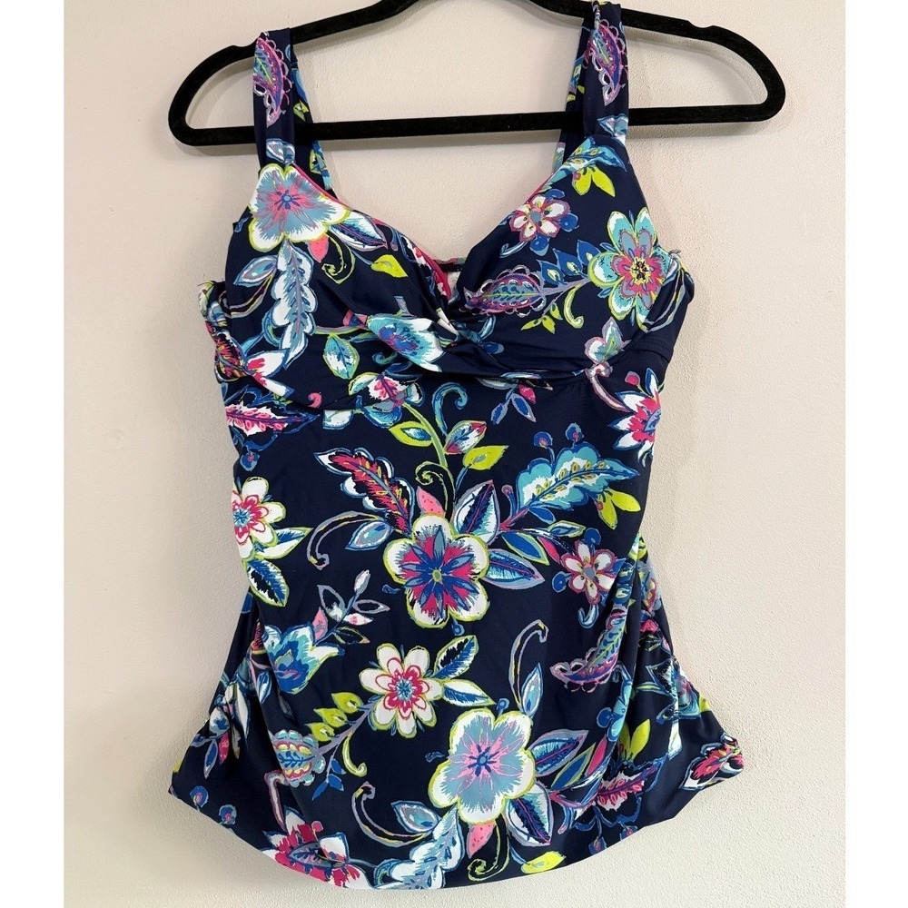 ANNE COLE Women's Twist Front Blue Floral Swim Top Tankini Sz 34D/32DD Tropical
